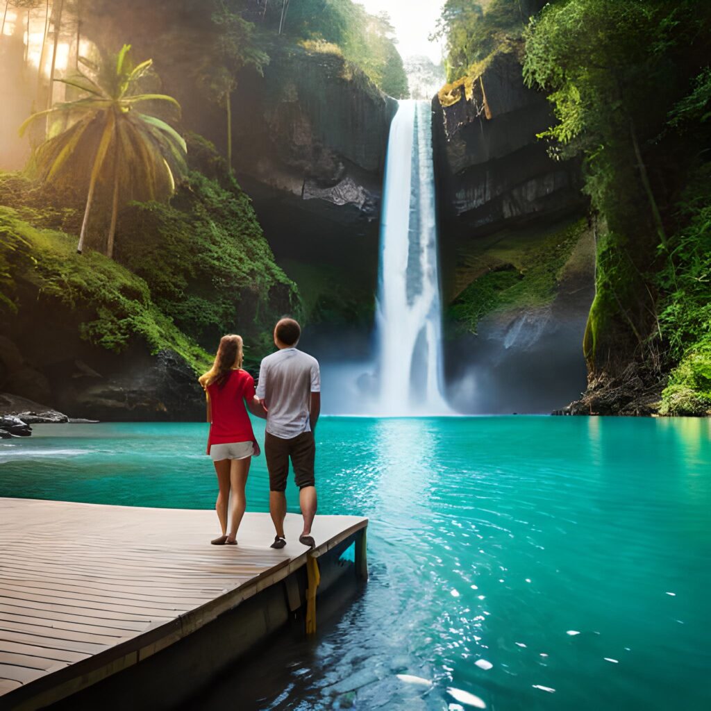 family at a cruise port enjoying a waterfall destination