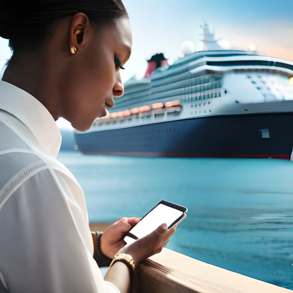 woman holding a phone looking at cruise reviews on icruiseapp.com